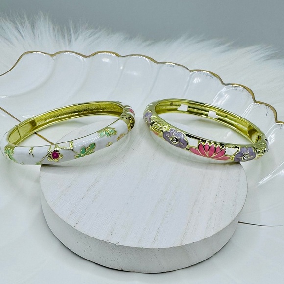 Flower Enamel Cloisonne Bracelet Bangle Bundle - 2 Bangles - Picture 1 of 8